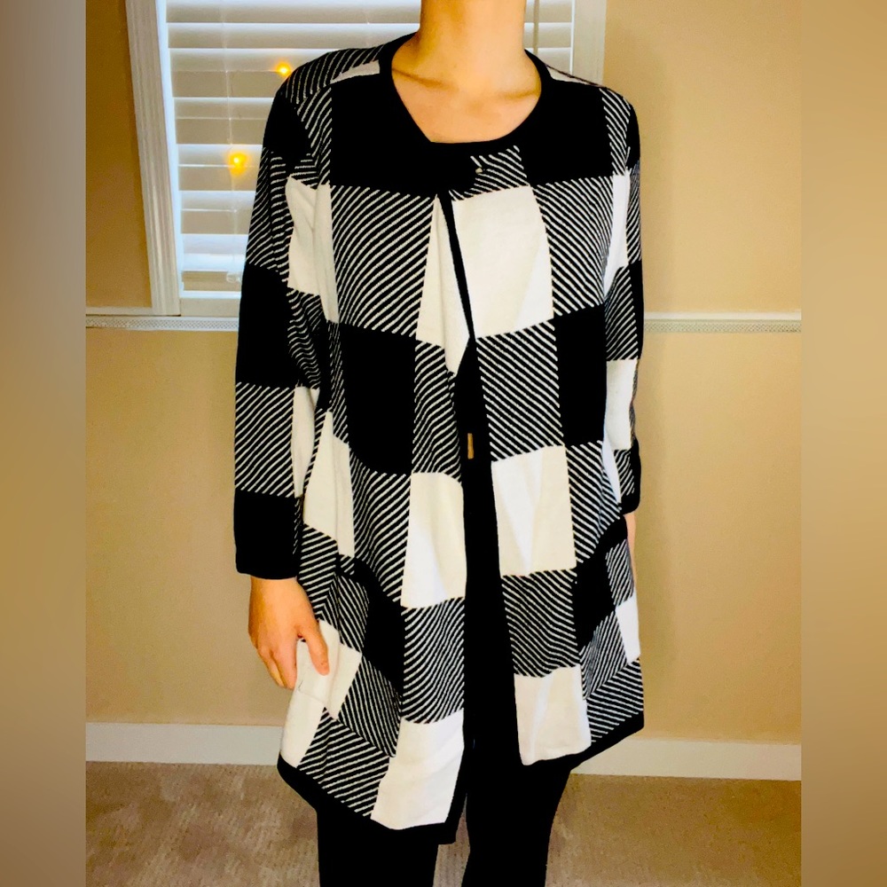 Alfani White and Black Checkered Sweater Coat